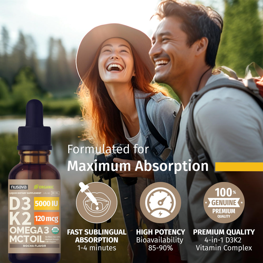 NUSAVA D3 K2 Drops no fillers packaging emphasizing clean ingredients