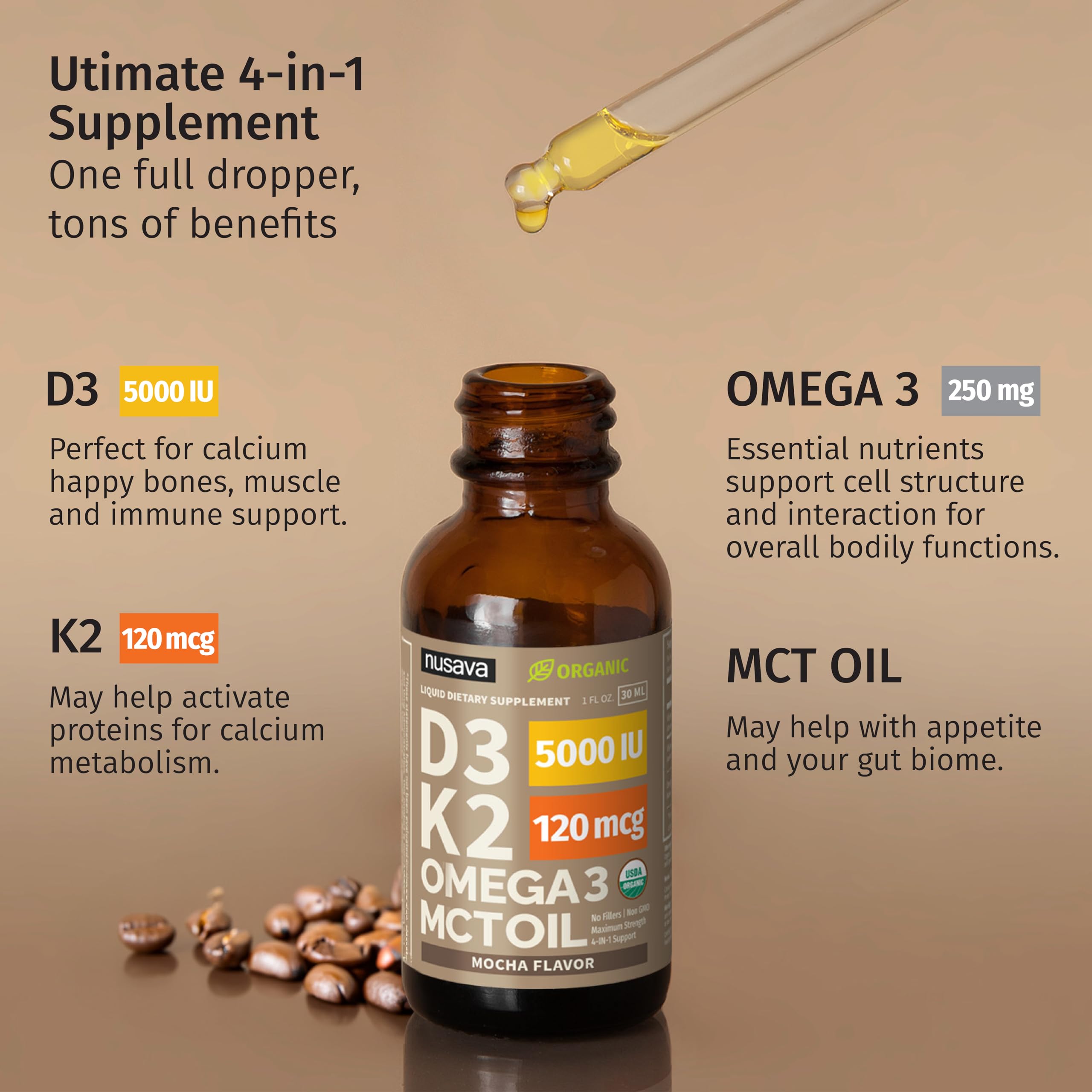 NUSAVA D3 K2 Drops omega oil blend indicating nutrient rich base