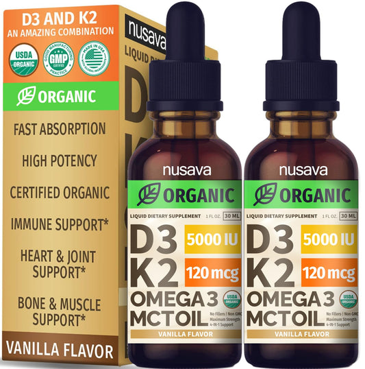 NUSAVA D3K2 drops in vanilla bottle for easy daily use and flavor.