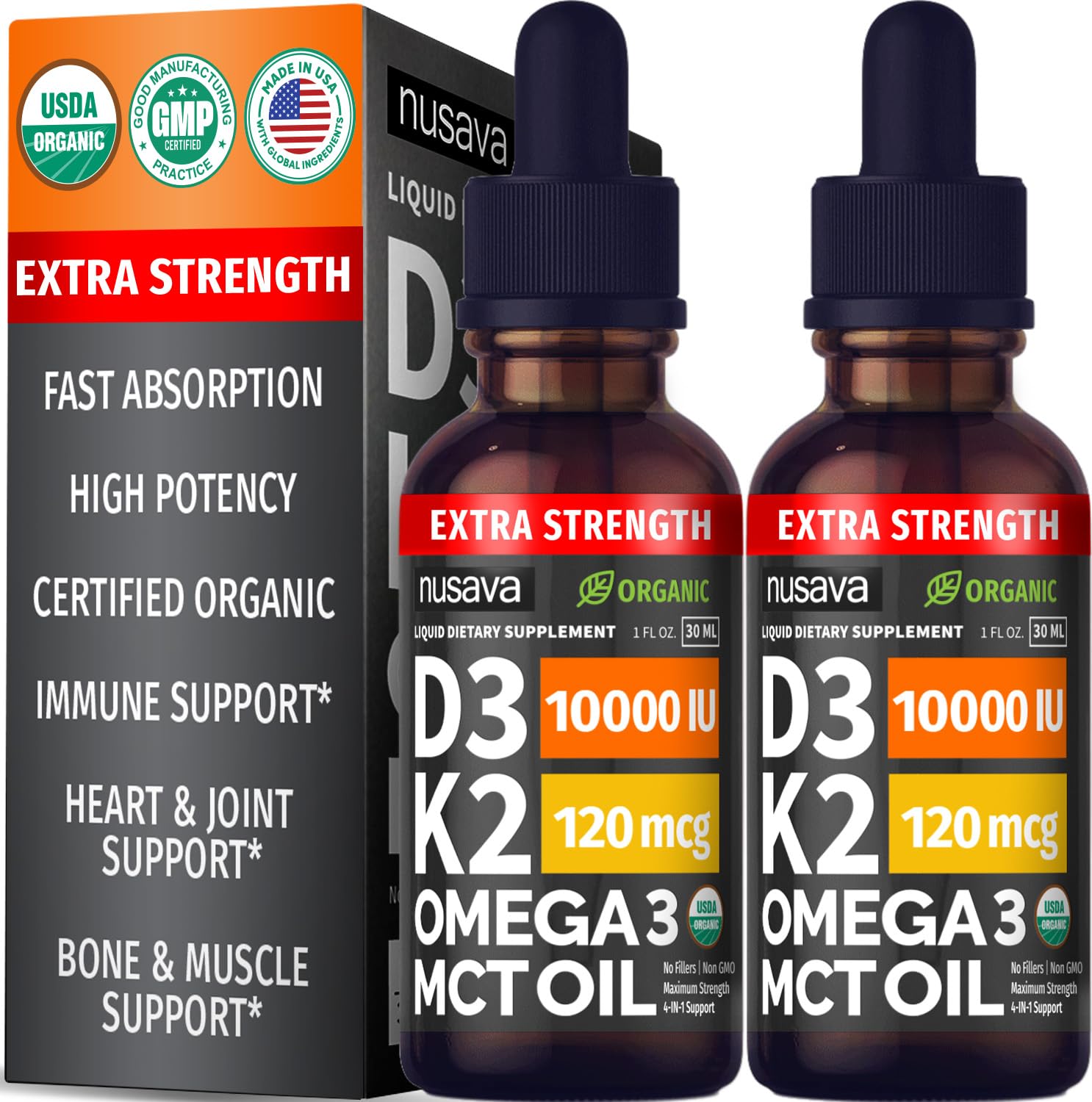 NUSAVA D3K2 liquid drops two-pack bottles for easy daily use and dosing.