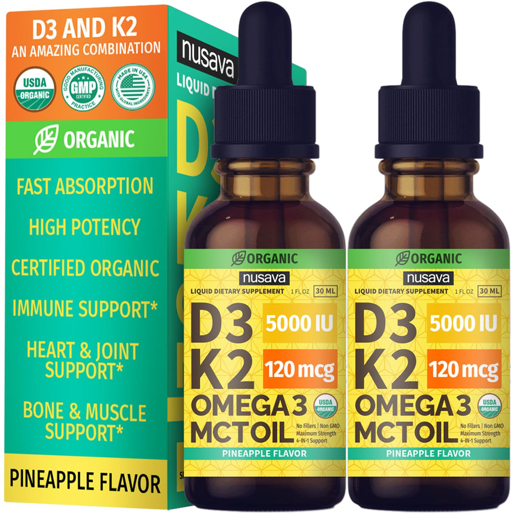 NUSAVA D3K2 pineapple bottle highlights convenient liquid drops for daily immune support.
