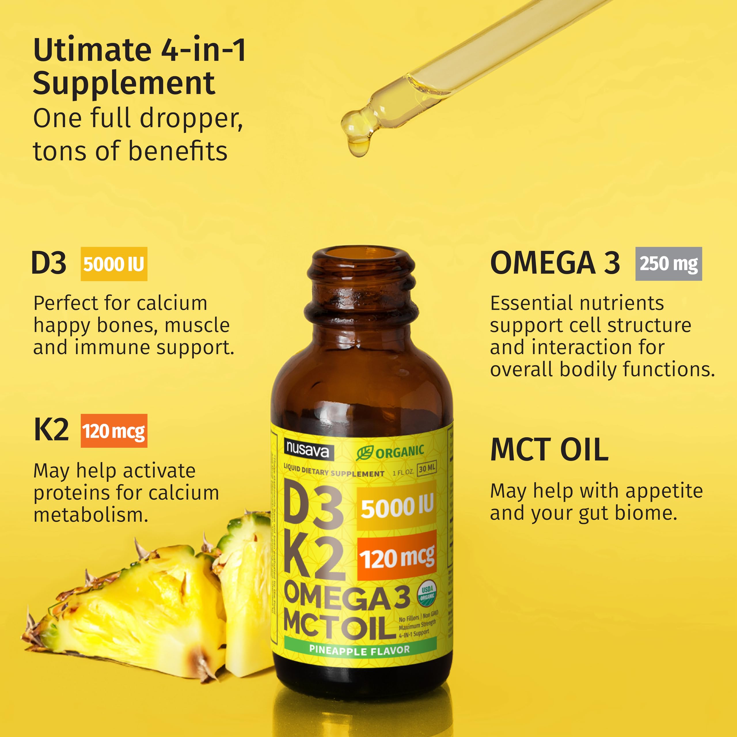 NUSAVA organic ingredient list highlights chia oil and omega-3 blend.