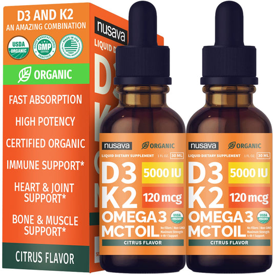 NUSAVA Vitamin D3 K2 Drops bottle highlights citrus flavor for convenient daily use.