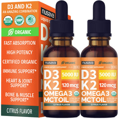 NUSAVA Vitamin D3 K2 Drops bottle highlights citrus flavor for convenient daily use.