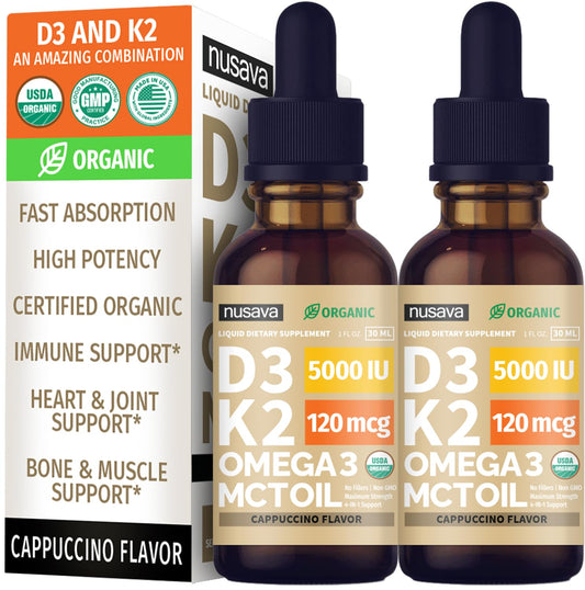 NUSAVA Vitamin D3 K2 drops cappuccino bottle for daily wellness.