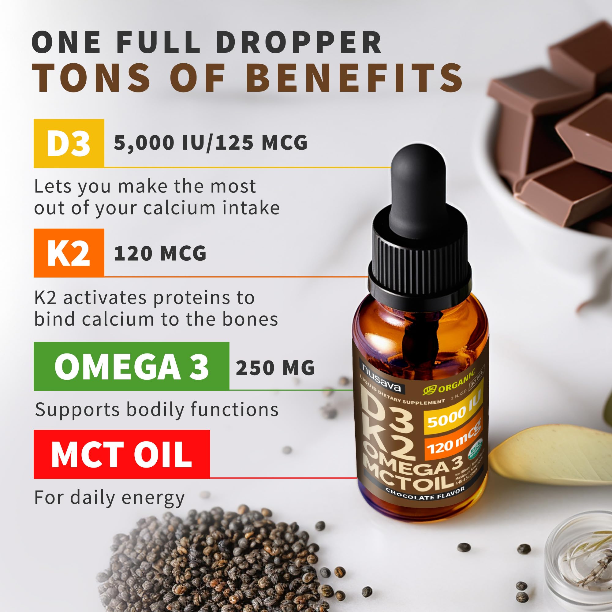 NUSAVA D3 K2 Drops ingredients panel showing non-GMO and organic blend
