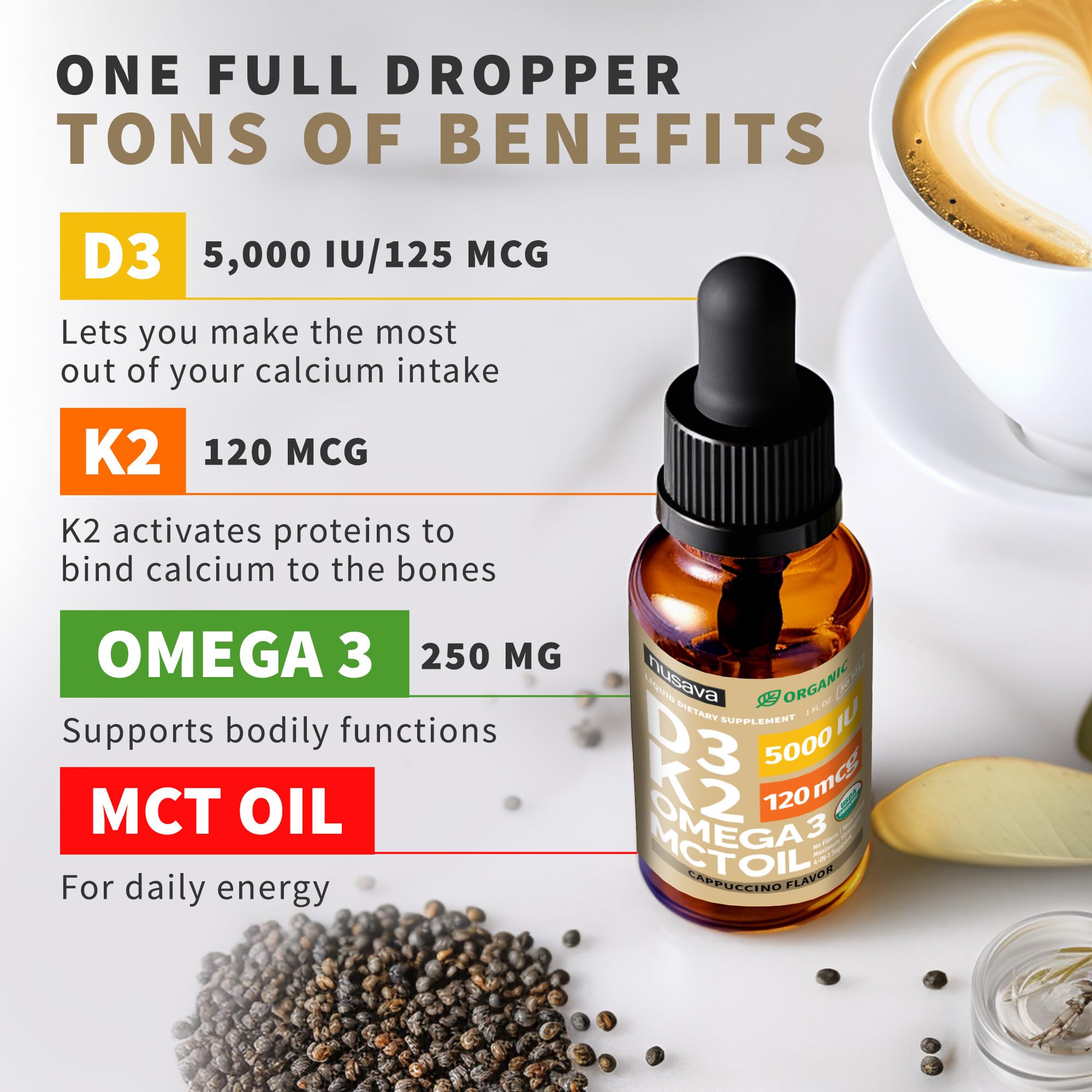 NUSAVA Vitamin D3 K2 drops label front highlighting the high-strength formula.
