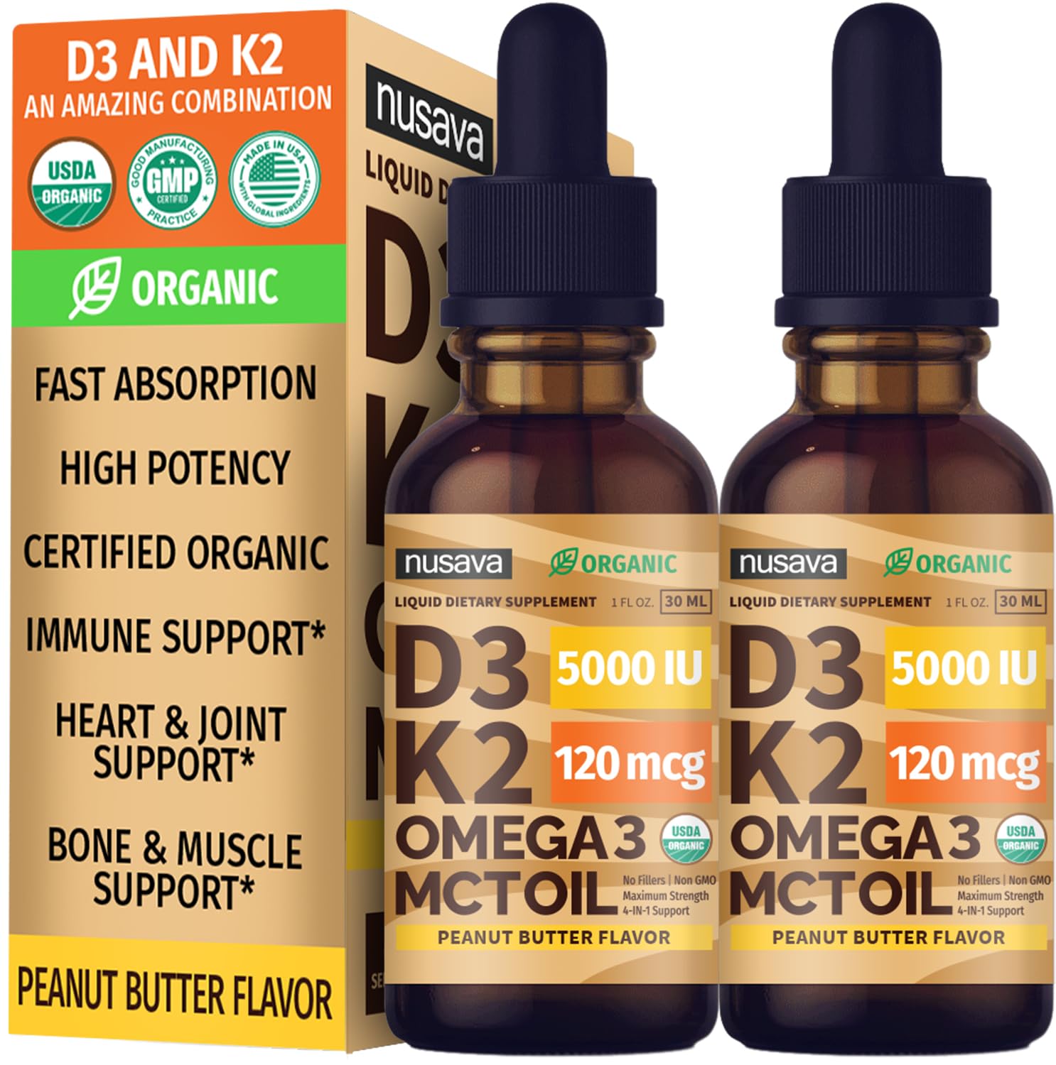 NUSAVA vitamin D3 K2 drops in peanut butter bottle, highlighting flavor and daily dosing.