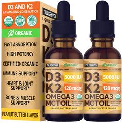 NUSAVA vitamin D3 K2 drops in peanut butter bottle, highlighting flavor and daily dosing.