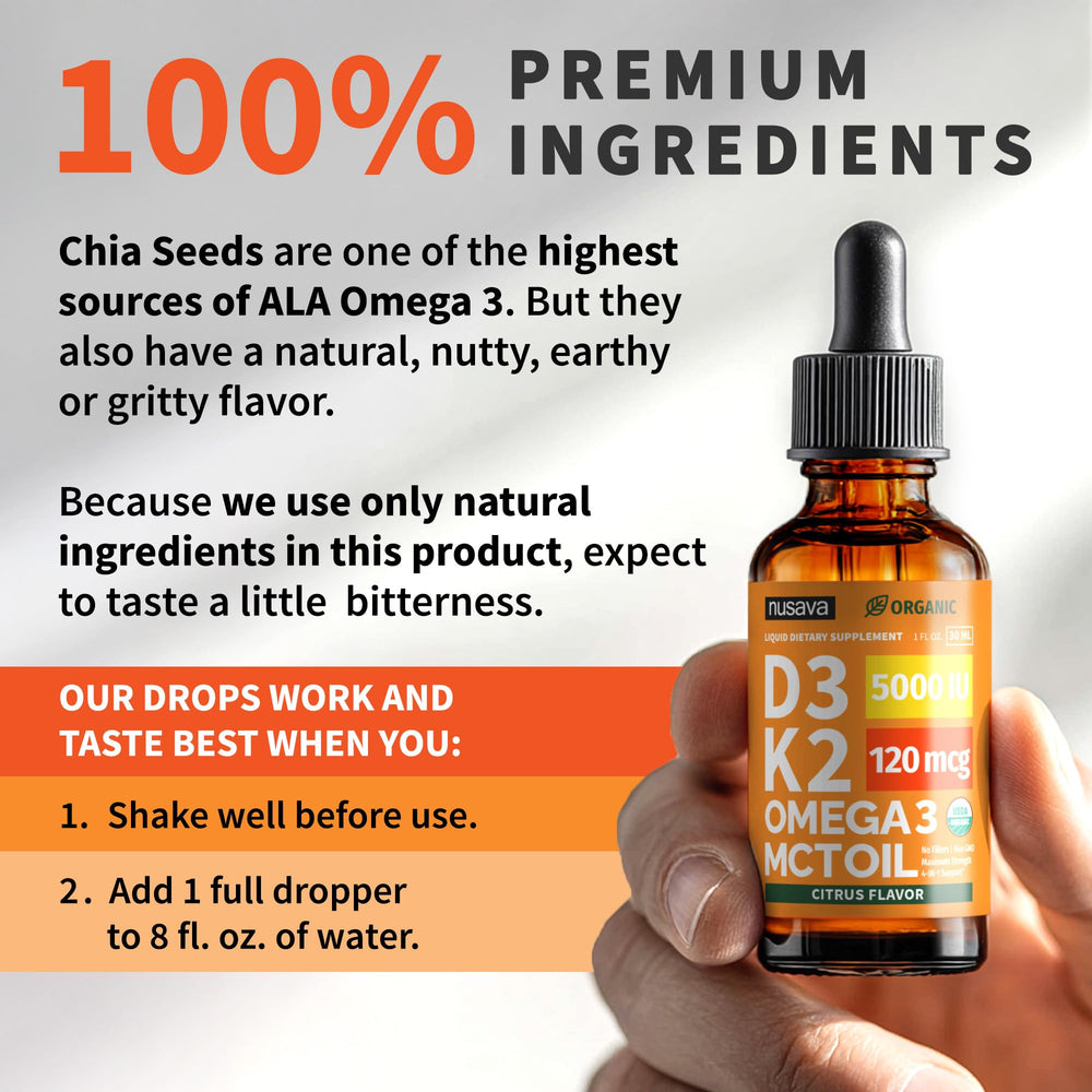 NUSAVA Vitamin D3 K2 Drops USA-made badge signals quality and trusted production.