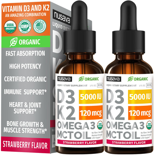 NUSAVA Vitamin D3 K2 Drops bottle front with strawberry flavor for daily immune support