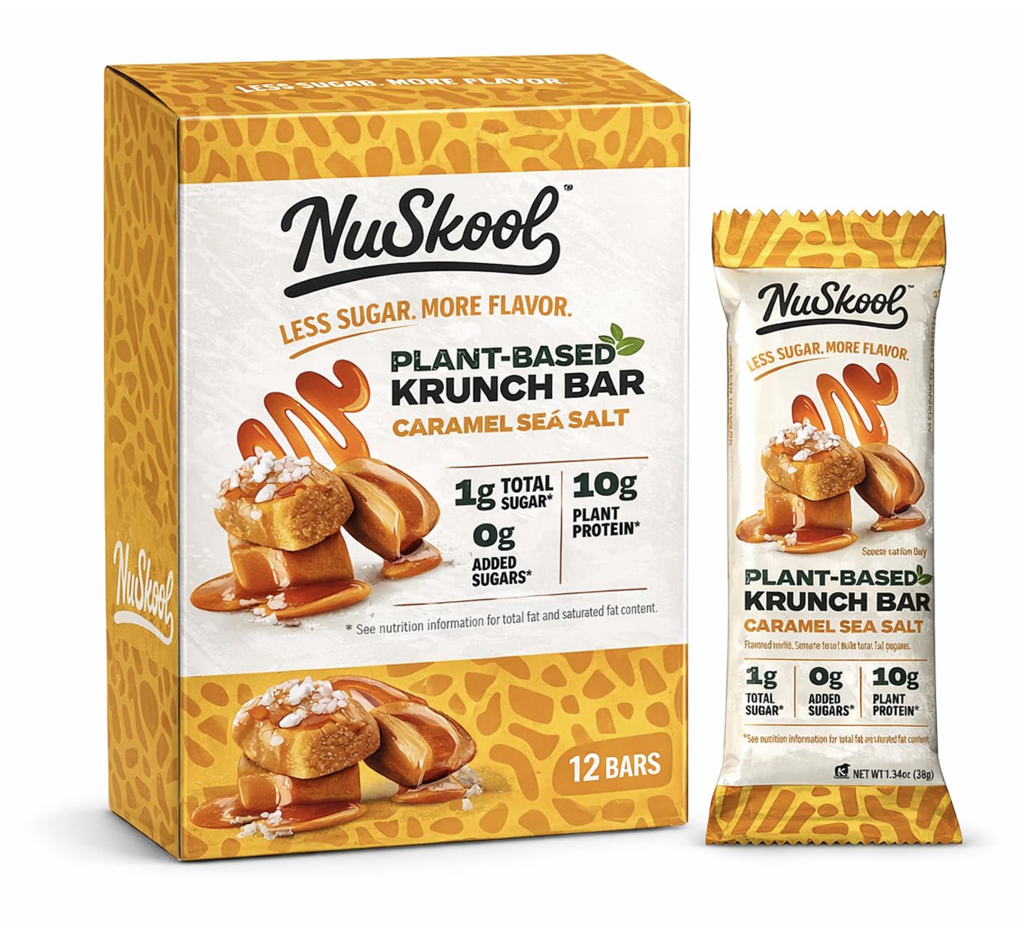 NuSkool Krunch Bars caramel sea salt front packaging, keto friendly indulgence