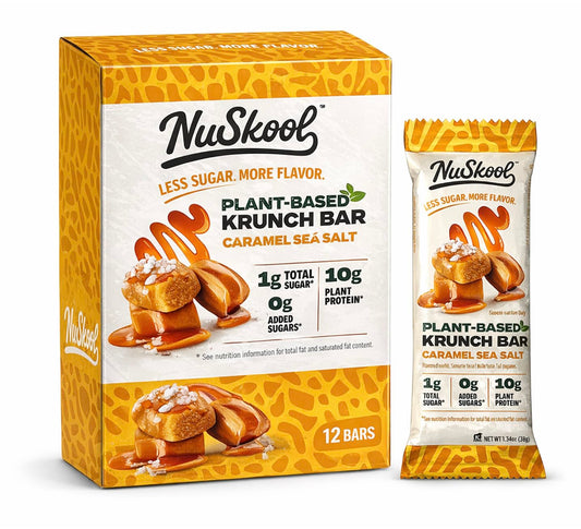 NuSkool Krunch Bars caramel sea salt front packaging, keto friendly indulgence