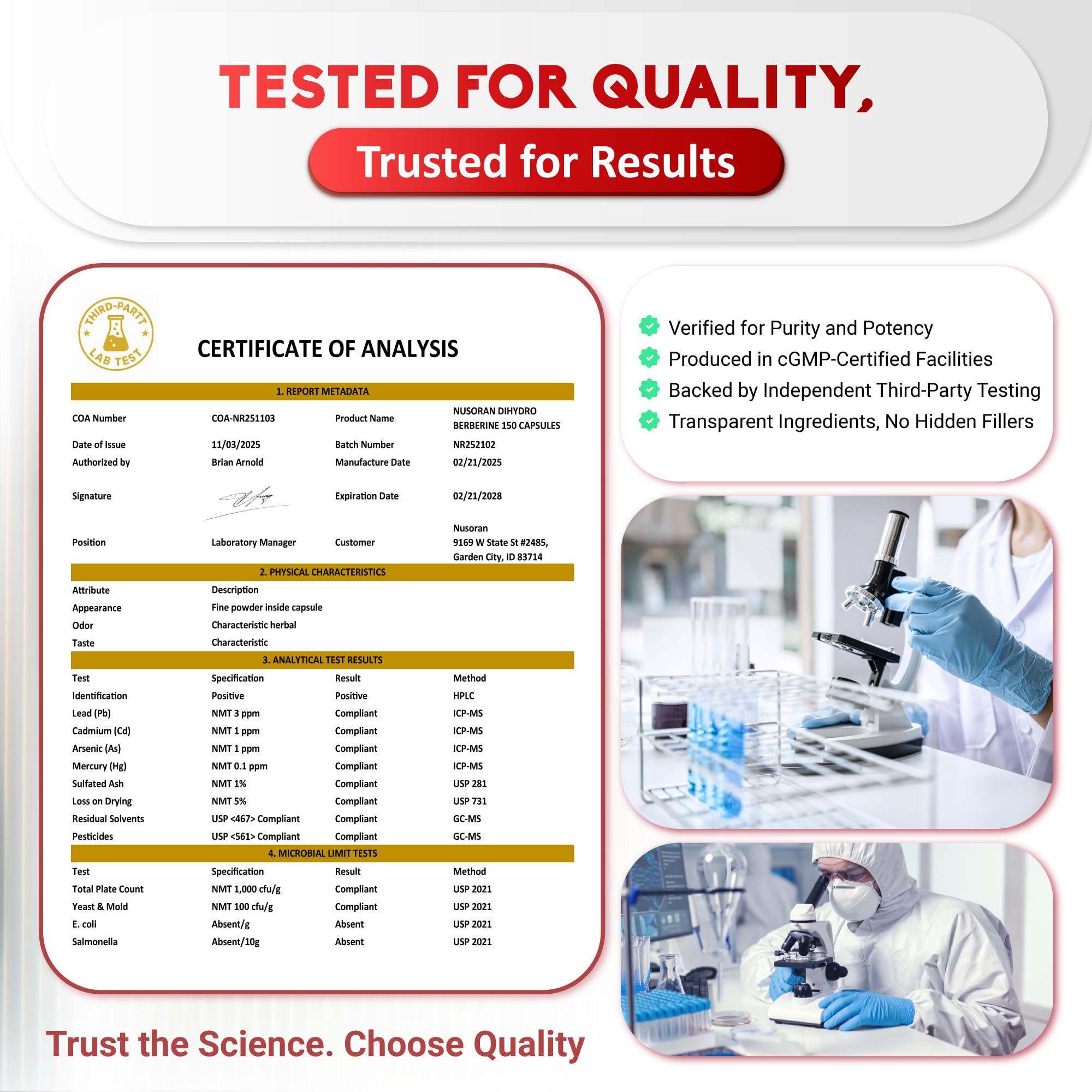NUSORAN Non-GMO vegan label close-up signaling clean-label quality.