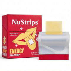NuStrips energy strip pack shot highlights cinnamon vanilla flavor and clean energy.