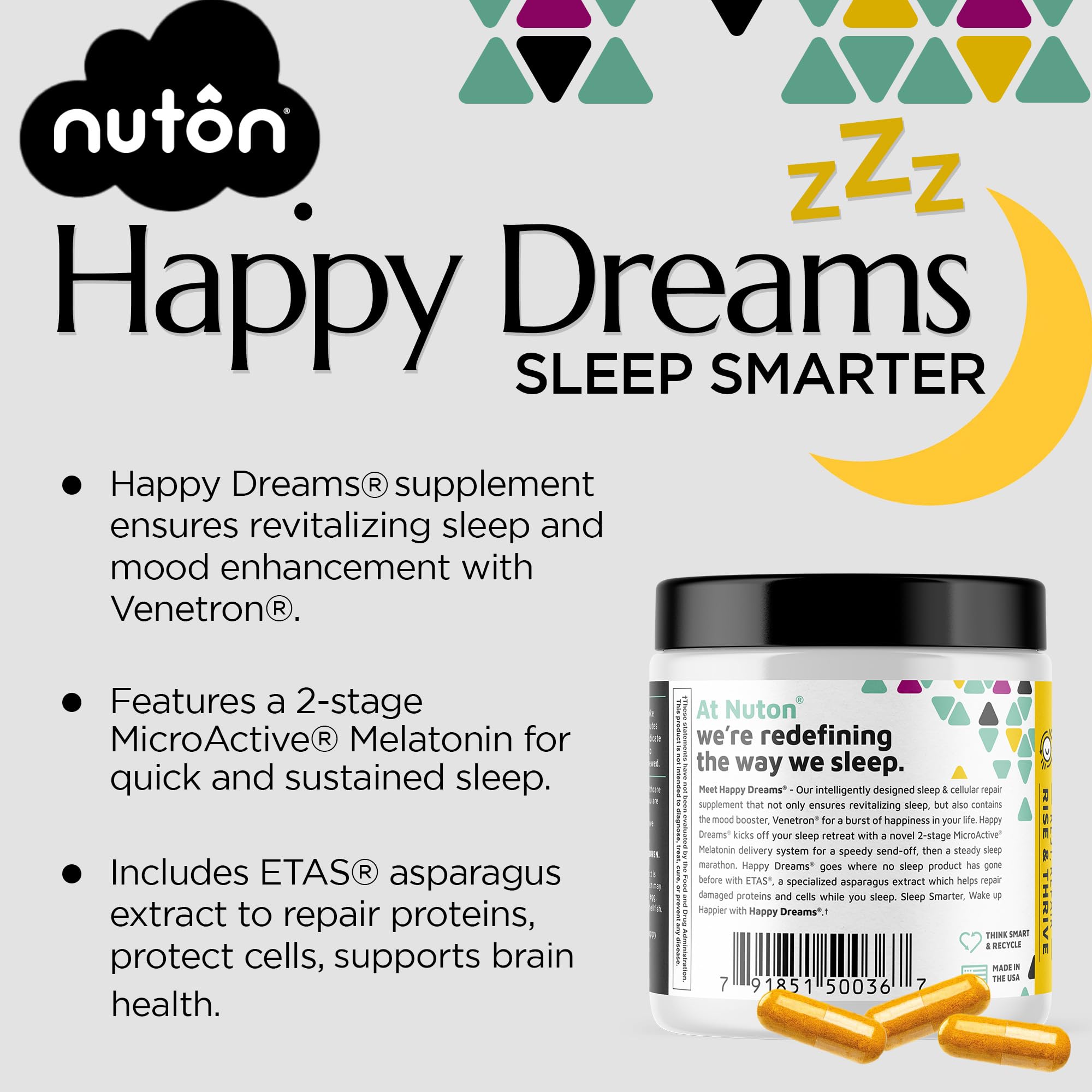 Nuton Happy Dreams bottle side view emphasizes time-release formula for steady rest.