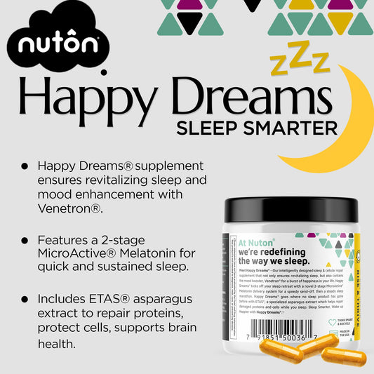 Nuton Happy Dreams bottle side view emphasizes time-release formula for steady rest.