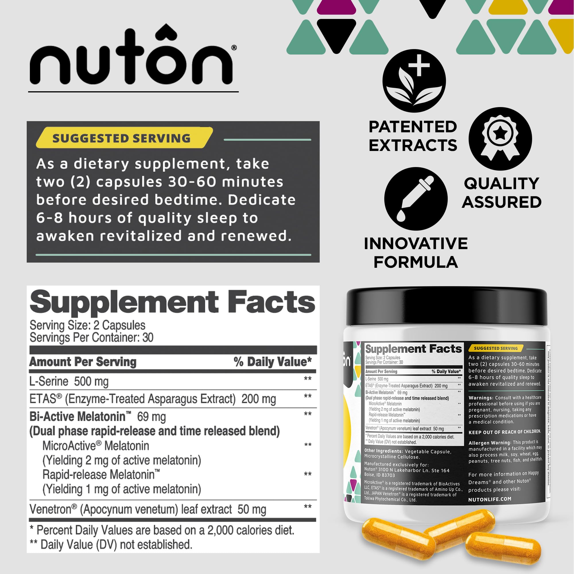 Nuton Happy Dreams capsules closeup highlights melatonin and natural ingredients for non-habit forming use.