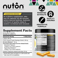 Nuton Happy Dreams capsules closeup highlights melatonin and natural ingredients for non-habit forming use.
