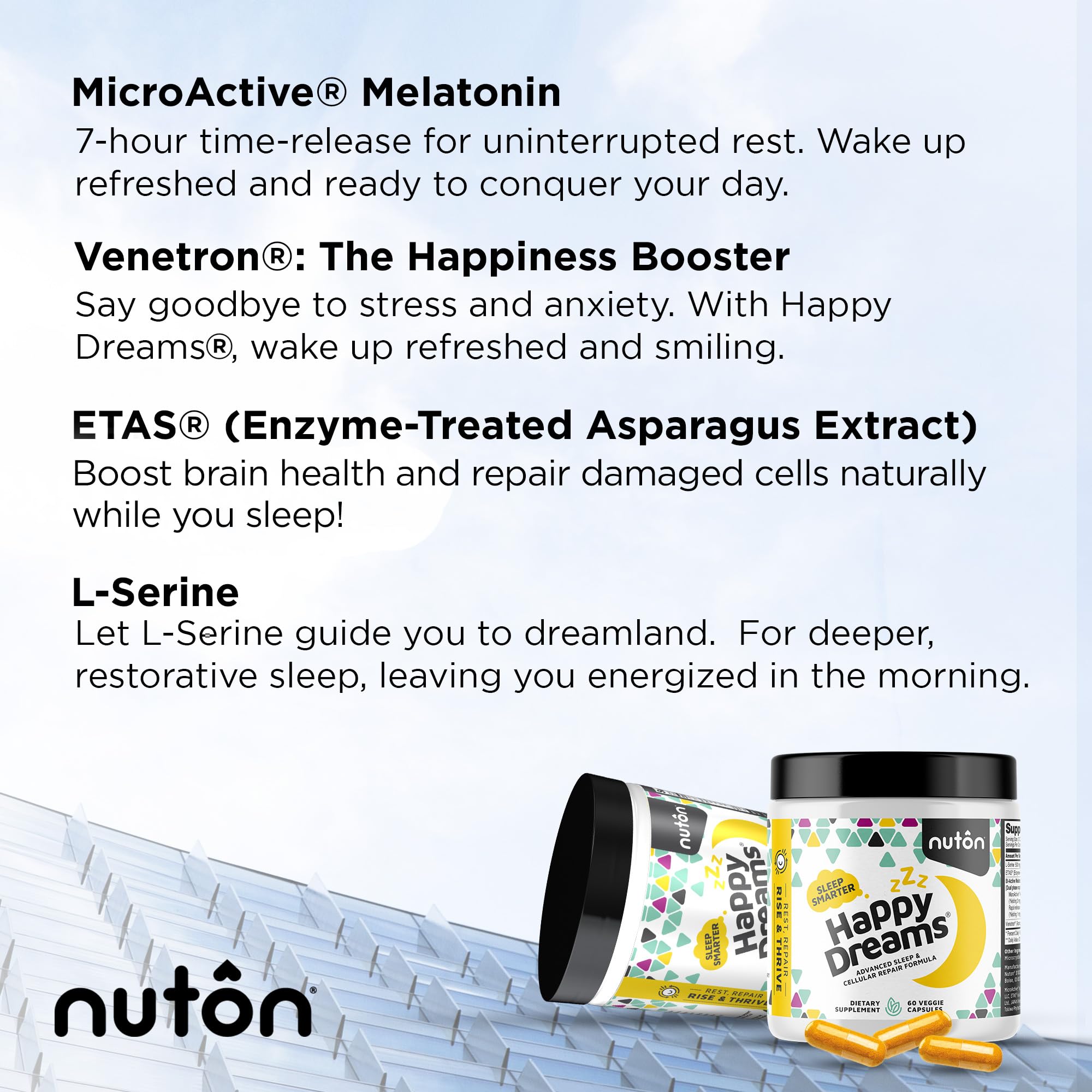 Nuton Happy Dreams nightstand scene evokes bedtime routine with a calm, non-habit forming option.