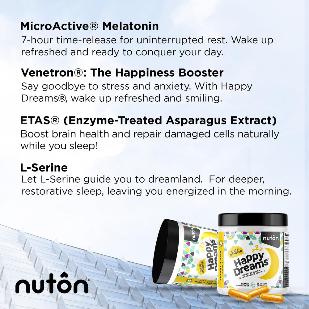 Nuton Happy Dreams nightstand scene evokes bedtime routine with a calm, non-habit forming option.