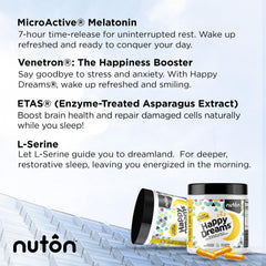 Nuton Happy Dreams nightstand scene evokes bedtime routine with a calm, non-habit forming option.