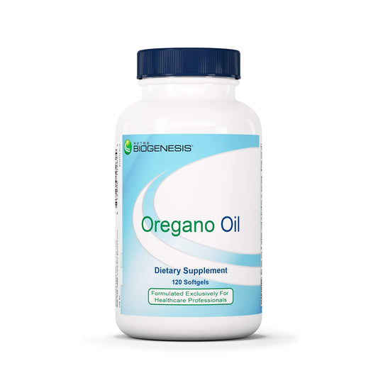 Nutra BioGenesis oregano oil softgels bottle showing premium extract and easy-to-swallow capsules.