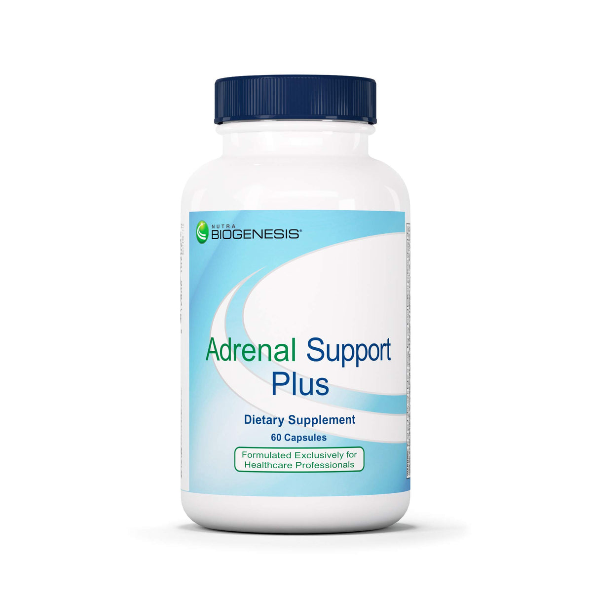 Nutra BioGenesis Adrenal Support Plus bottle label highlights complete adrenal support for daily resilience