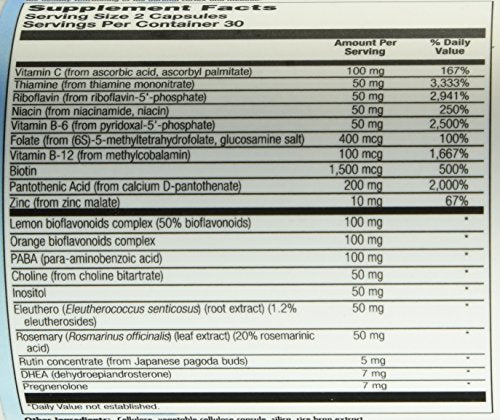 Nutra BioGenesis Adrenal Support Plus nutrient table with B vitamins and minerals for energy metabolism