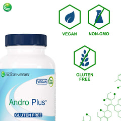 Nutra BioGenesis Andro Plus ingredient blend graphic emphasizes tribulus, maca, muira puama.