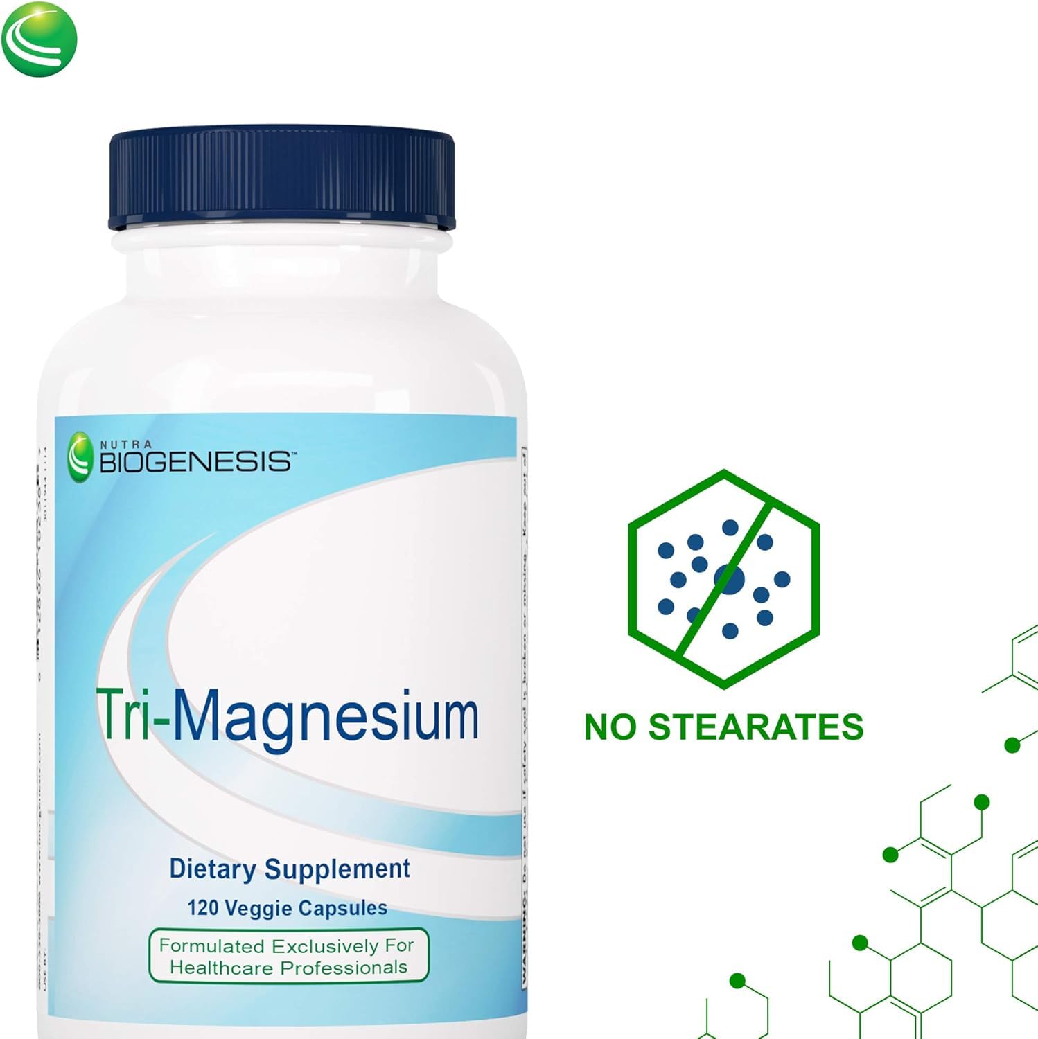 Nutra BioGenesis Tri-Magnesium capsule closeup highlights easy-to-swallow design.
