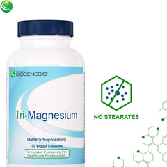 Nutra BioGenesis Tri-Magnesium capsule closeup highlights easy-to-swallow design.