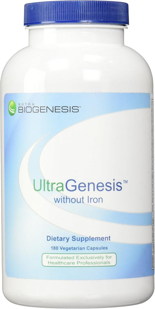 Nutra BioGenesis UltraGenesis bottle showing iron-free multivitamin for daily wellness