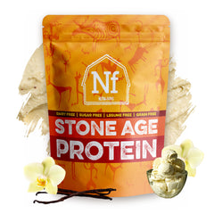 Nutra-Farms Stone Age Protein vanilla bottle pour shows easy mixing and clean fuel.