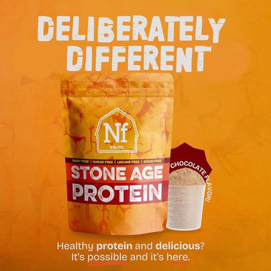 Nutra-Farms Stone Age Protein vanilla tub front highlights gluten-free, dairy-free nutrition.