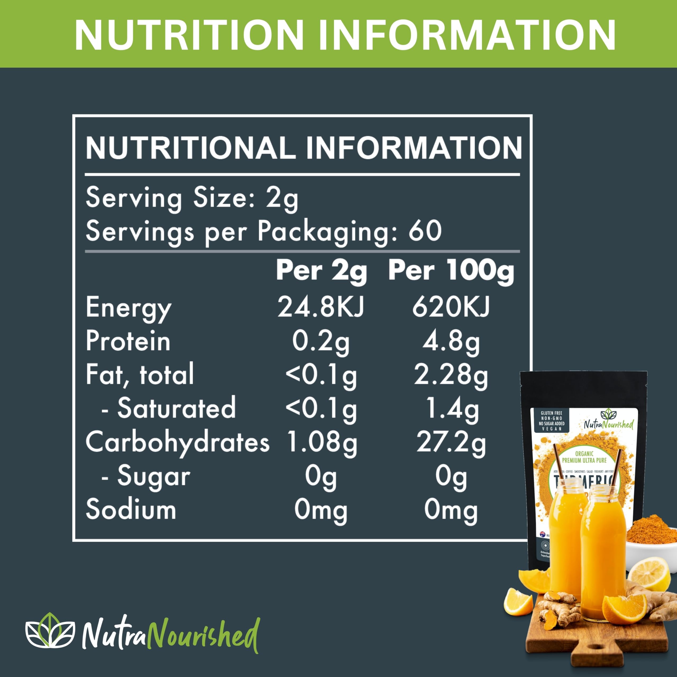 Nutra Nourished turmeric scoop measures 1500mg per serving for precise use.