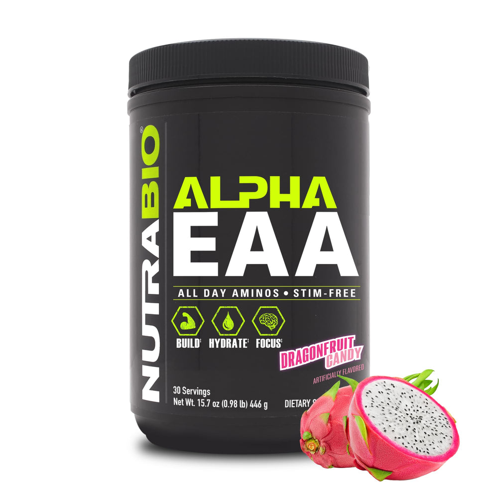 NutraBio Alpha EAA bottle pour supports quick hydration during workouts.