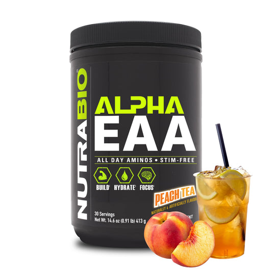 NutraBio Alpha EAA Peach Tea bottle on counter for daily hydration and recovery
