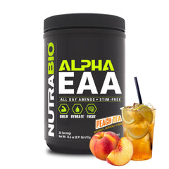 NutraBio Alpha EAA Peach Tea bottle on counter for daily hydration and recovery