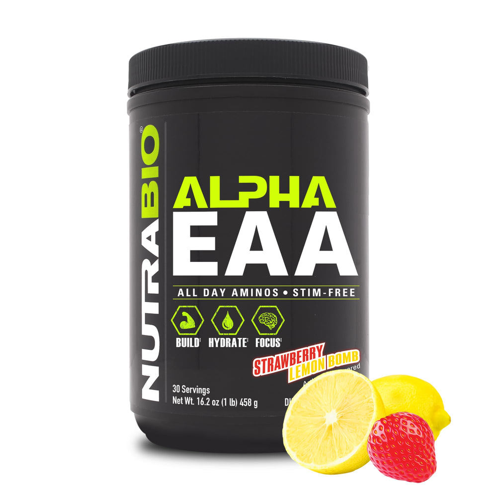 NutraBio Alpha EAA bottle with strawberry lemon flavor for all-day recovery.