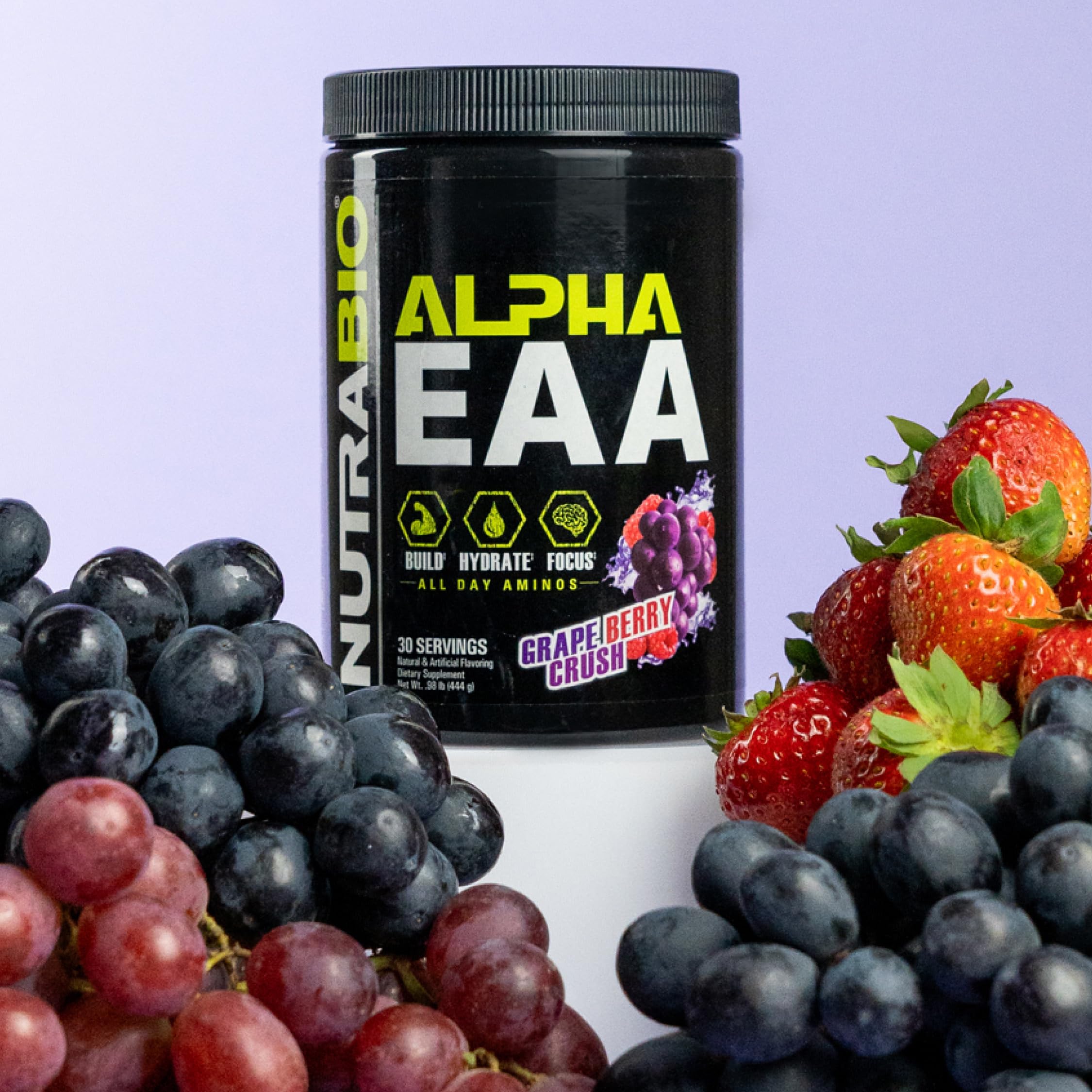 NutraBio Alpha EAA bottle being poured for quick mixing mid-workout