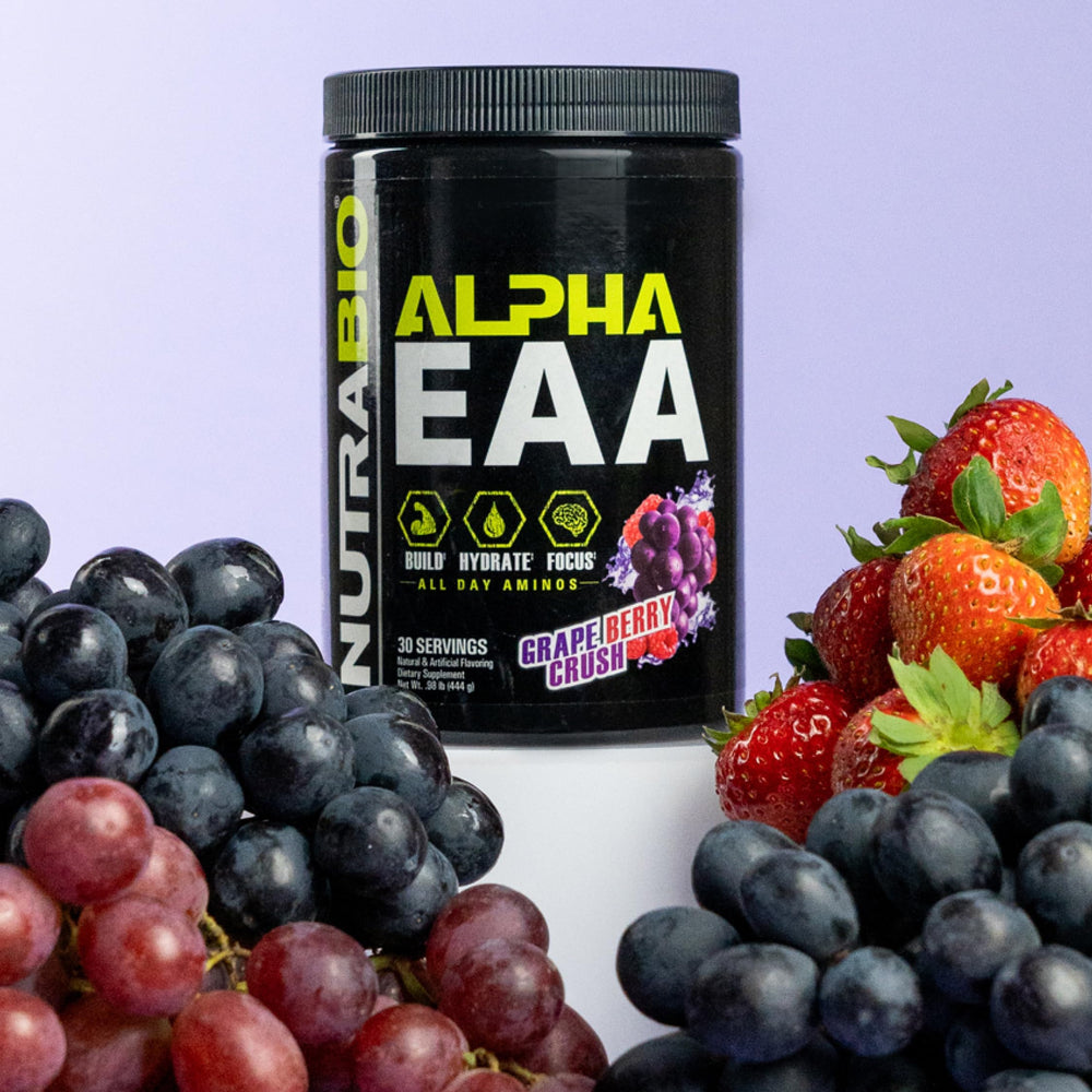 NutraBio Alpha EAA bottle being poured for quick mixing mid-workout