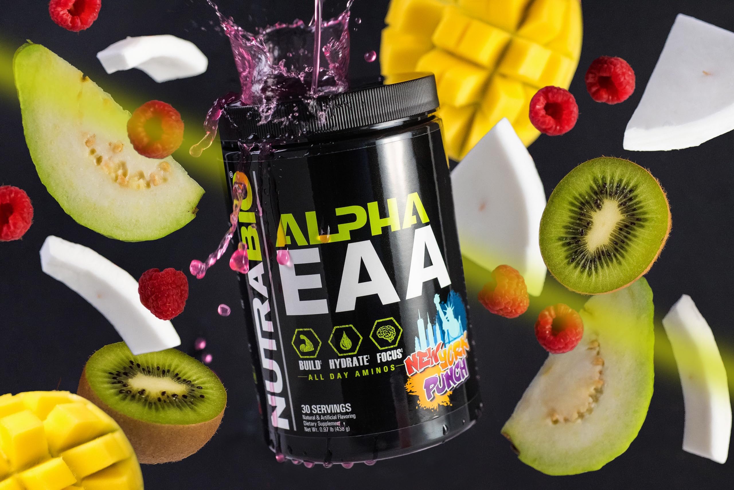 NutraBio Alpha EAA ingredients panel highlighting essential amino acids.