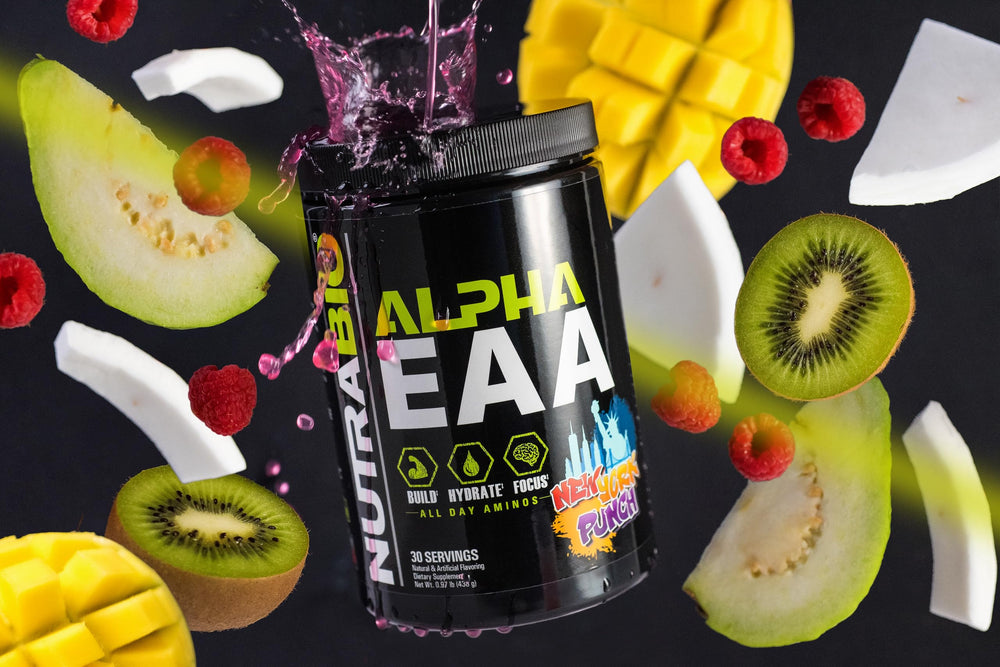 NutraBio Alpha EAA ingredients panel highlighting essential amino acids.