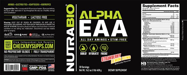 NutraBio Alpha EAA bottle and label emphasizing third-party testing.