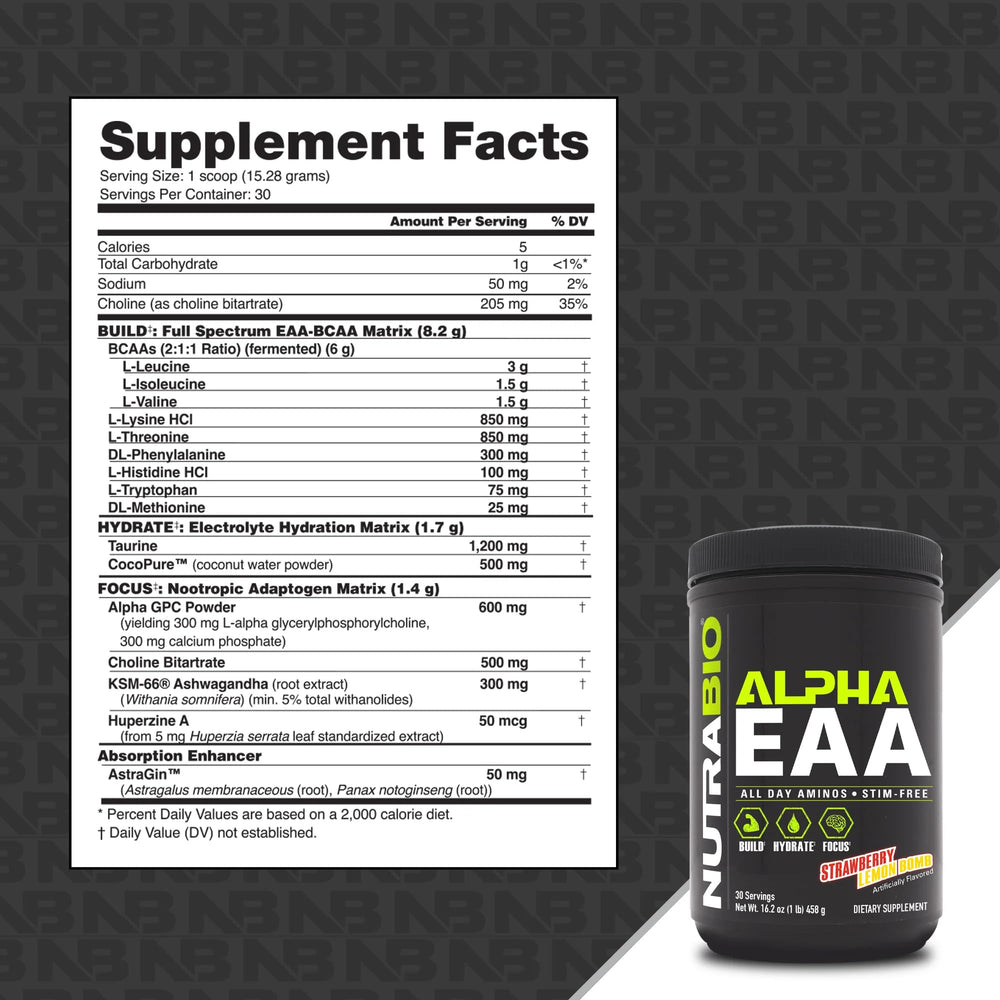 NutraBio Alpha EAA scoop ready to mix, illustrating intra-workout use.