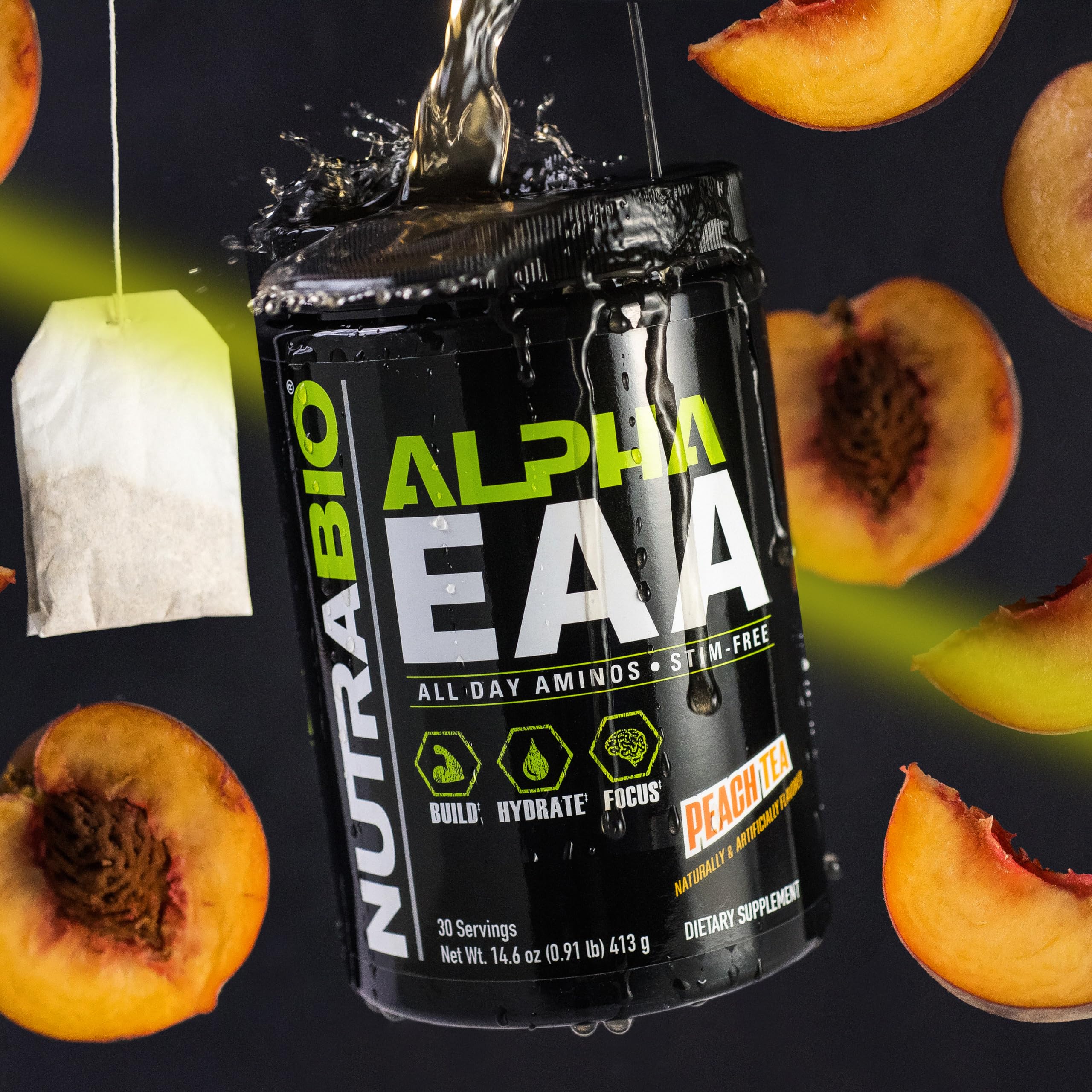 NutraBio Alpha EAA shaker cup with peach tea mix