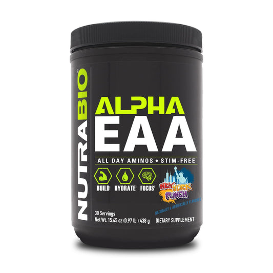 NutraBio Alpha EAA tub front highlighting all-day amino blend for recovery support.