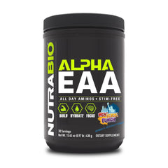 NutraBio Alpha EAA tub front highlighting all-day amino blend for recovery support.