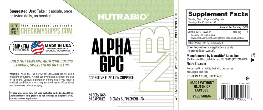 NutraBio Alpha GPC daily capsules on a clean setup for mental clarity